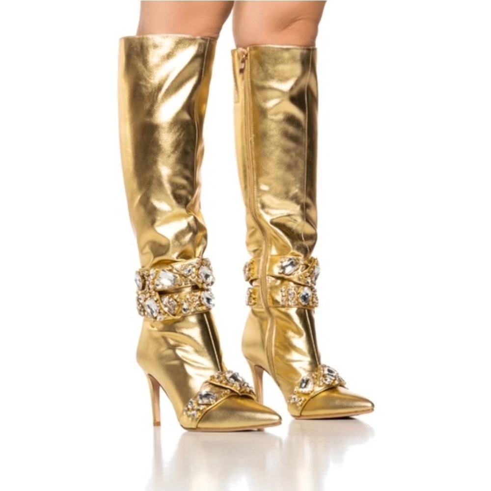 Azelea Wang Gold Knee-High Embellished Women's Boots 6.5
